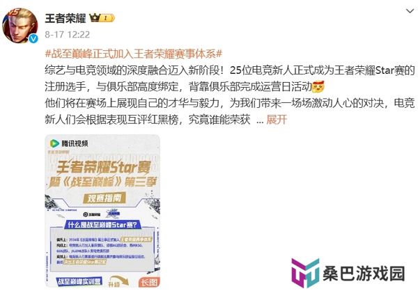 战至巅峰正式加入王者荣耀赛事体系 综艺与游戏开启深度融合